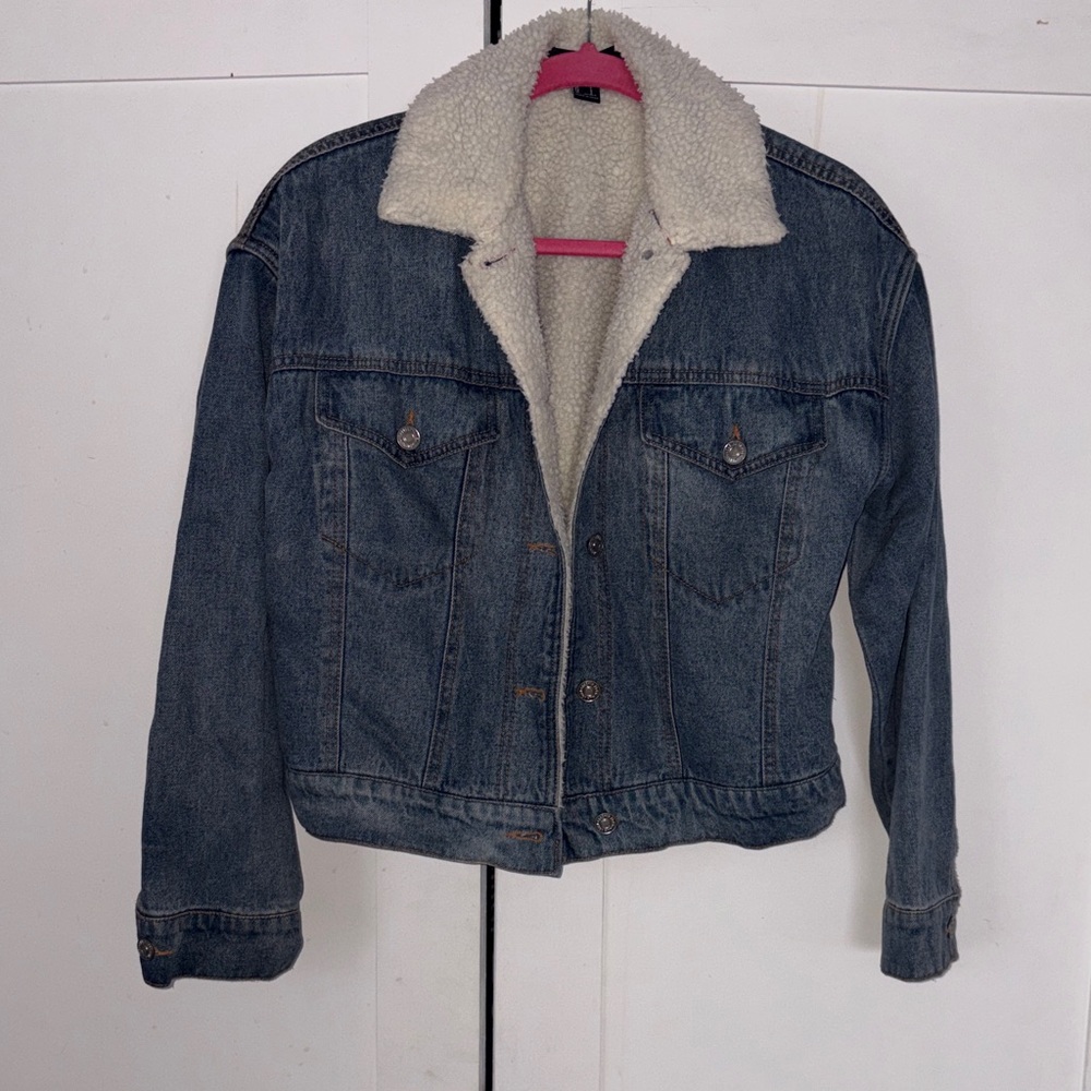 Forever 21 Blue Denim Jacket with White Sherpa Lining